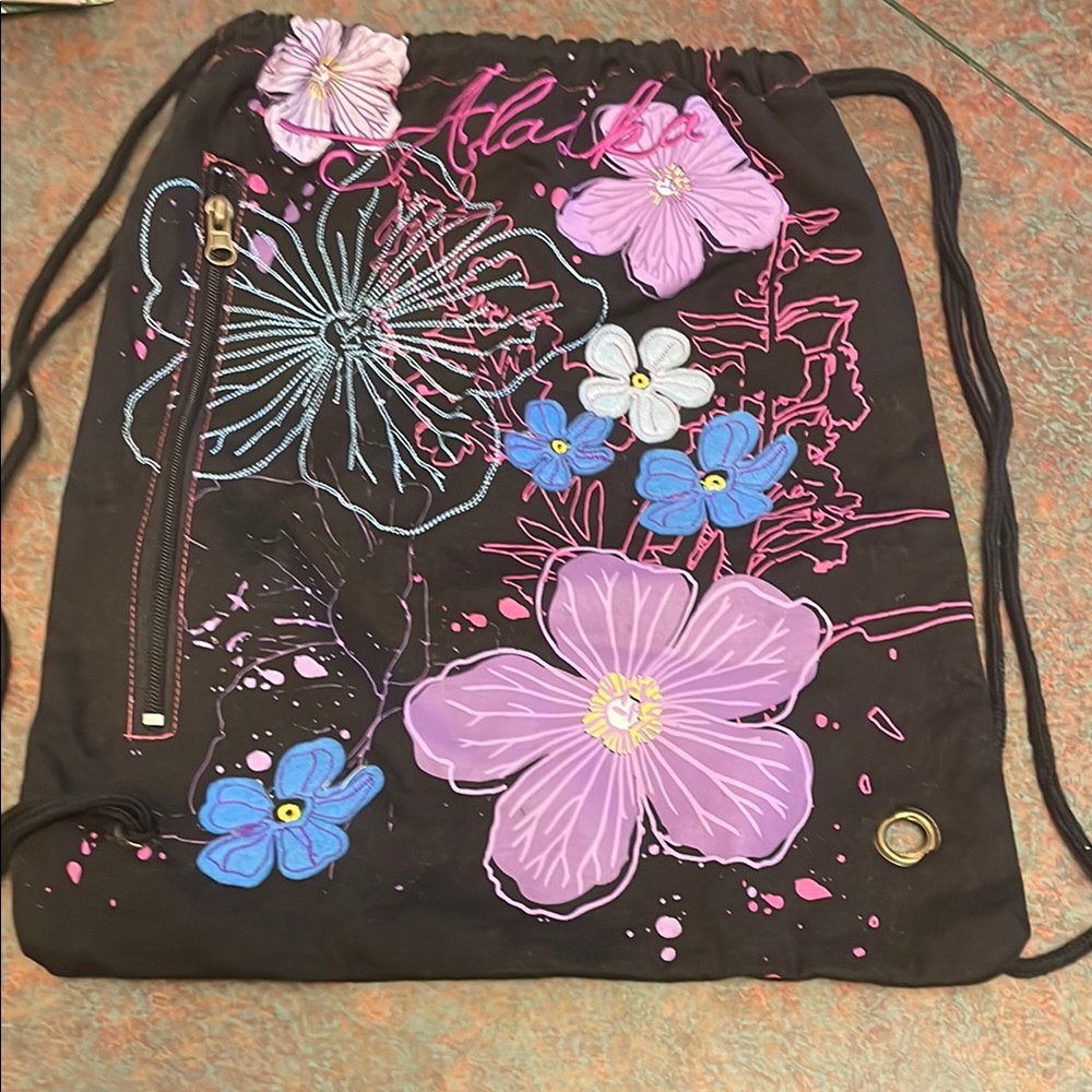 Black Floral Drawstring Bag